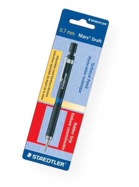 Staedtler 92507WBK Mars Draft Technical Pencil .7mm; Mechanical pencils for writing and drawing; ISO color-coded on barrel and push-button; Features include adjustable hardness degree indicator, non-slip rubber grip, and chrome-plated metal clip and tip; PVC and latex-free eraser and HB leads included; Refillable; Blister-carded; Shipping Weight 0.06 lb; Shipping Dimensions 4.33 x 0.22 x 0.22 in; UPC 031901937584 (STAEDTLER92507WBK STAEDTLER-92507WBK MARS-92507WBK ARCHITECTURE DRAWING)