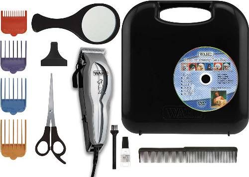 Wahl 9281-210 Pet-Pro Complete Pet Clipper Kit; Self-sharpening, high-carbon steel blades are precision ground to stay sharp longer; Powerdrive cutting system easily cuts the thickest hair with 30% more power; Includes clipper, blade guard, storage case, oil, cleaning brush, scissors, styling comb, mirror, four guide combs and instructional dvd; UPC 043917928128 (9281210 9281 210 928-1210)