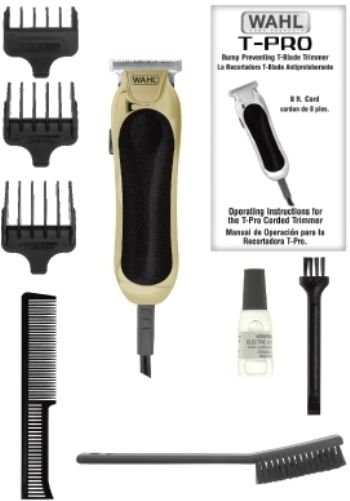 Wahl 9307-300 T-Pro 6-Piece Corded T-Blade Hair Cutting Kit; Features precision-ground, high perf ormance blade that ensur es a smooth cut; 3 guide combs and se veral accessories mak e it easy to get the right cut, the first time; Compact size is perf ect for touch-ups ar ound ears, sideburns, and necklines; UPC 043917930756 (9307300 9307 300 930-7300) 