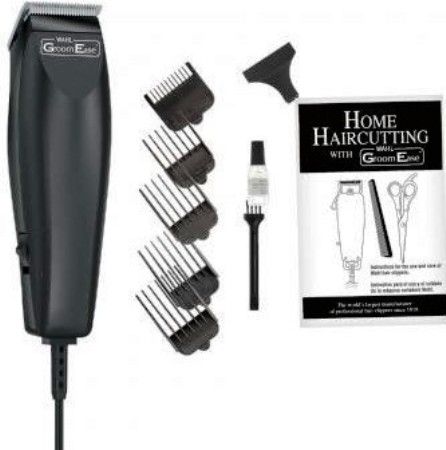 Wahl 9314-1308 GroomEase 11-Piece Quick Haircutting Kit; The carbon steel blades are precisely sharpened so that they stay that way longer; The ergonomic shape makes it easy to hold and cut at different angles; Includes: cutter, blade guard, 5 guide combs (3, 6, 13, 19 and 25 mm), scissors, oil, cleaning brush and instructions (93141308 9314 1308 931-41308 93141-308) 