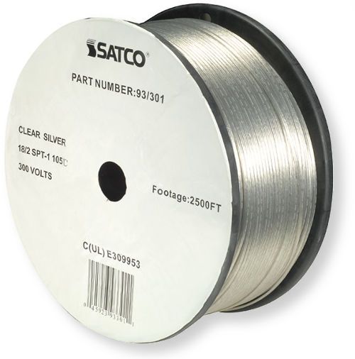 Satco 93-301 18/2 SPT-1 Wire, AWG 18 Electrical Wire, 2 Conductors, Clear Silver, Rated for 300 Volts and 105 Degrees Celsius, UL Classified as cULus Listed Component, 2500 Feet per reel, Weight 62.5 Pounds, UPC 045923933011 (SATCO93-301 SATCO93301 SATCO93/301 SATCO93 301)