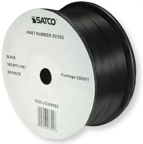 Satco 93-302 18/2 SPT-1 Wire, AWG 18 Electrical Wire, 2 Conductors, Black, Rated for 300 Volts and 105 Degrees Celsius, UL Classified as cULus Listed Component, 2500 Feet per reel, Weight 62.5 Pounds, UPC 045923933028 (SATCO93-302 SATCO93302 SATCO93/302 SATCO93 302