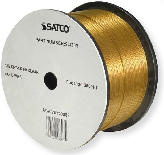 Satco 93-303 Type 18/2 SPT-1.5 Wire, AWG 18 Electrical Wire, 2 Conductors, Clear Gold, Rated for 300 Volts and 105 Degrees Celsius, UL Classified as cRUus  Recognized Component, 2500 Feet per reel, Weight 62.5 Pounds, UPC 045923933035 (SATCO93-303 SATCO 93303 SATCO 93/303 SATCO-93 303)