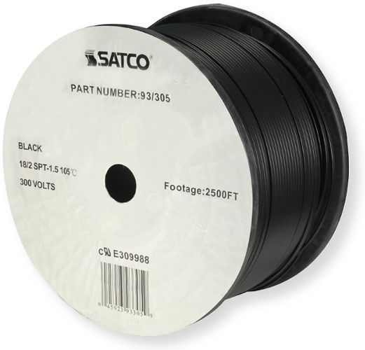 Satco 93-305 Type 18/2 SPT-1.5 Wire, AWG 18 Electrical Wire, 2 Conductors, Black, Rated for 300 Volts and 105 Degrees Celsius, UL Classified as cRUus Recognized Component, 2500 Feet per reel, Weight 62.5 Pounds, UPC 045923933059 (SATCO93-305 SATCO 93305 SATCO 93/305 SATCO-93 305)