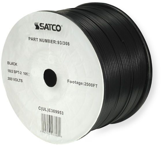 Satco 93-308 18/2 SPT-2 Bulk Wire, AWG 18 Electrical Wire, 2 Conductors, Black, Rated for 300 Volts and 105 Degrees Celsius, UL Classified as cULus Listed, 2500 Feet per reel, Weight 75 pounds, UPC 045923933080 (SATCO93-308 SATCO 93308 SATCO 93/308 SATCO-93 308
