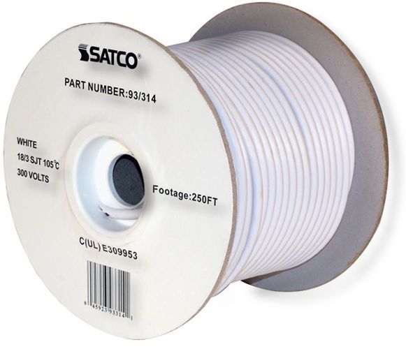 Satco 93-314 18/3 SJT Pulley Cord, Three Conductors, Rated for 150 Degrees Celsius and 300 Volts, White; UL Classified as UL Listed; UPC 045923933141 (SATCO93-314 SATCO 93-314 SATCO93/314 SATCO 93314 SATCO 93 314 SATCO93314)