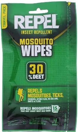 Repel 94100 Sportsmen Mosquito Wipes; Repels mosquitoes up to 10-hour; 30% deet; Controlled application ideal for use on face and neck; Flexible, lightweight pouch ideal for backpackers, hunters and fisherman; Not individually wrapped; Dimensions 5