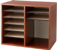 Safco 9420CY Wood Adjustable Literature Organizer with 12 Compartment, Cherry; 1/2" Material Thickness; 15 lbs. Compartment Capacity; Compartment Size 9"w x 11 1/2"d x 2 3/8"h; Laminate Paint/Finish; 10 Shelves; Furniture Grade Particleboard, Solid Fiberboard (back) and Hardboard (shelves) Materials; Fits Letter Paper Size; Dimensions 19 1/2"w x 12"d x 16"h; Weight 19 lbs. (9420-CY 9420 CY 9420C) 