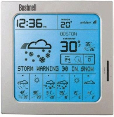 Bushnell 95-0017C Seven-Day Forcaster WeatherFX Weather, 7-day AccuWeather forecasts, Color-changing backlight, Severe weather alerts, Air quality, UV index and allergy alerts, Choose from 150+ locations, Satellite-synchronized clock, Forecasts updated wirelessly every 15 minutes, UPC 029757950031 (950017C 95 0017C 950-017C 950017 95-0017)