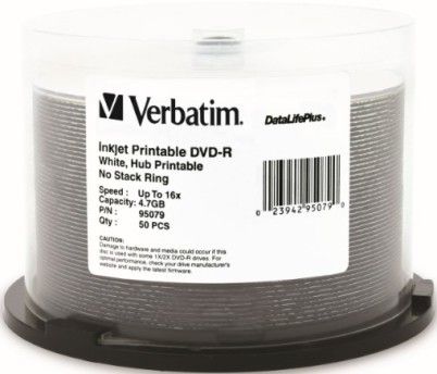 Verbatim 95079 DVD-R 4.7GB 16X DataLifePlus, White Inkjet Printable, Hub Printable 50pk Spindle, Compatible for full-surface, edge-to-edge printing, Superior ink absorption on high-resolution 5,760 DPI printers, Crisp & clear text reproduction, Excellent ink drying time, 1X-16X DVD recording speed, Metal Azo recording dye optimizes read/write performance, UPC 023942950790 (95-079 950-79)