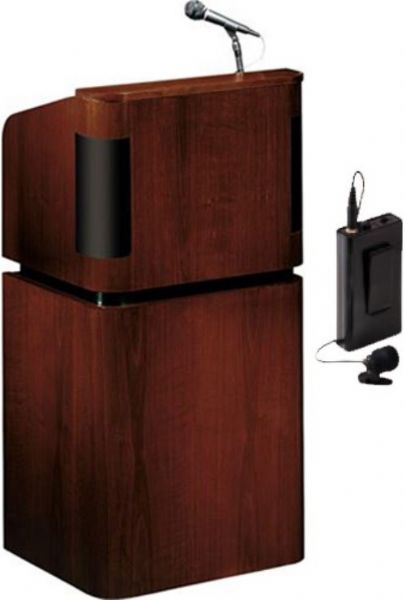 Oklahoma Sound 950/901-MY/WT-LWM-6 Combo Floor Sound Lectern, A gorgeous bold sound lectern, perfect for commanding a dignified presence in settings like conference and meeting rooms, 75 Watts Power Output, Wireless Tie-clip/lavaliere - 10 cable microphone, A flexible gooseneck arm and digital time piece, Input/output lines for media players, extension speakers, recording and playing mp3s, Mahogany on walnut Finish, UPC 604747950965 (950 901 MY WT LWM 6 950-901-MY-WT-LWM-6 950901MYWTLWM6)