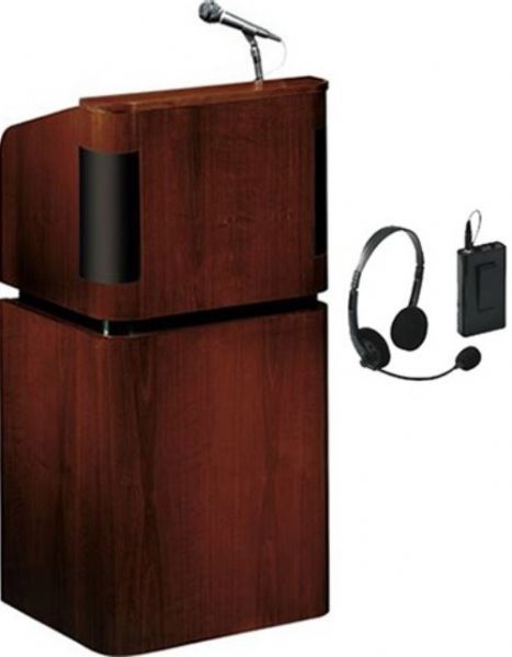 Oklahoma Sound 950/901-MY/WT-LWM-7 Combo Floor Sound Lectern, Wireless mic headset, 75 Watts Power Output, Features cabinetry of a rich wood mahogany-on-walnut veneer over a solid plywood core, Three sizeable storage spaces and two adjustable shelves, A flexible gooseneck arm and digital time piece, Upgraded Shock mount holder to prevent feedback, Mahogany on walnut Finish, UPC 604747950972 (950 901 MY WT LWM 7 950-901-MY-WT-LWM-7 950901MYWTLWM7)