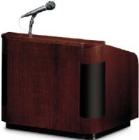 Oklahoma Sound 950-MY/WT Wood Veneer Sound Table Top Lectern, Mahogany on Walnut, Built-in 75 watt Multimedia Amplifier Sound System broadcasts for audiences up to 7500 people or 75000 sq.ft., Media Aux 1/8” Input, Shelf 11”H x 16”D x 22”W, Four 4-inch speakers mounted directly on radius corners with radius style grille (950MYWT 950-MY-WT 950MY/WT 950 MY/WT 950-MY 950MY) 