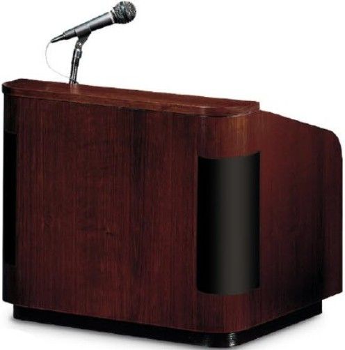 Oklahoma Sound 950-MY/WT Wood Veneer Sound Table Top Lectern, Mahogany on Walnut, Built-in 75 watt Multimedia Amplifier Sound System broadcasts for audiences up to 7500 people or 75000 sq.ft., Media Aux 1/8 Input, Shelf 11H x 16D x 22W, Four 4-inch speakers mounted directly on radius corners with radius style grille (950MYWT 950-MY-WT 950MY/WT 950 MY/WT 950-MY 950MY)
