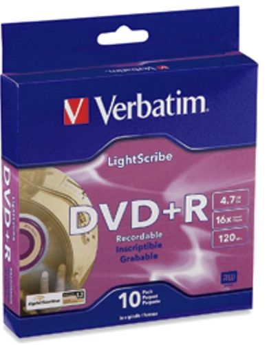 Verbatim 95116 DVD+R 4.7GB 16X LightScribe Spindle Box, Price Each, Sold in 10-Packs, Compatible with DVD+R Hardware, BURN music, digital photo albums, presentations and home movies directly on your DVD or CD, Professional-quality labels, Simplicity, Durability, Mobility, Creativity, UPC 023942951162 (95-116 951-16 DVD-95116 DVD95116)