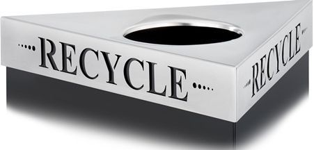 Safco 9560RE Trifecta Recycle Lid; In addition, the stainless steel lids feature laser cut inscriptions to assist in the identification of recyclables; 20 ga. Material Thickness; Stainless Steel Paint/Finish; Stainless Steel Material; GREENGUARD; Dimensions 20