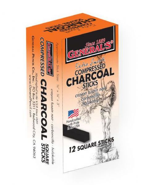 General's 957-2B Compressed Charcoal Sticks 2B; Handcrafted with a smooth, rich, black, formula making a traditional, versatile drawing tool for artists of all levels; Use to sketch or create broad strokes with the flat edge; Ideal for creating rubbings and backgrounds; Contains 12 square sticks, approximately .25