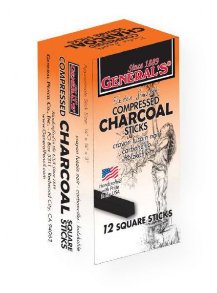 General's 957-4B Compressed Charcoal Sticks 4B; Handcrafted with a smooth, rich, black, formula making a traditional, versatile drawing tool for artists of all levels; Use to sketch or create broad strokes with the flat edge; Ideal for creating rubbings and backgrounds; Contains 12 square sticks, approximately .25