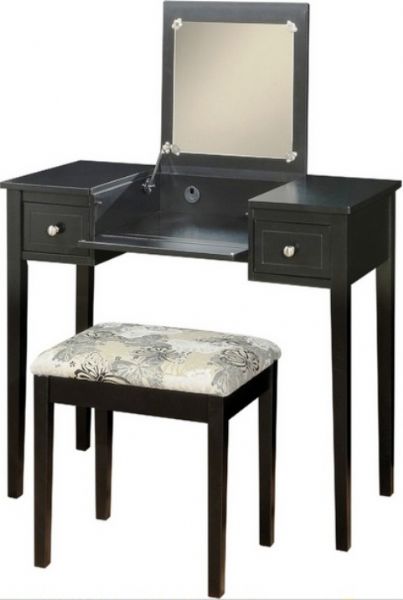 Linon 98135BLKX-01-KD-U Vanity Set with Butterfly Bench, Black Finish, Flip Top Mirror with safety stay hinge, Plush, padded stool, 250lb stool weight limit, Pre-drilled wire management hole, 36