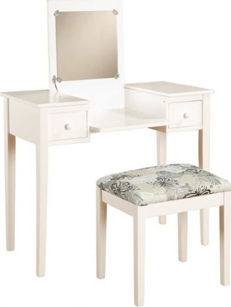 Linon 98135WHTX-01-KD-U Vanity Set with Butterfly Bench, White Finish, Flip Top Mirror with safety stay hinge, Plush, padded stool, 250lb stool weight limit, Pre-drilled wire management hole, 36