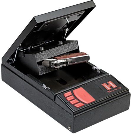 Hornady 98150 RAPiD Electronic RFID Safe, Steel Black; Built to exceed the ASTM International performance standards for youth resistant firearms containers, the RAPiD safe provides a high level of child resistance and unauthorized access protection; Can be opened with the RFID bracelet, card, or key fob, or with a personally programmed code; Heavy-Duty Construction; UPC 090255981506 (98-150 981 50)