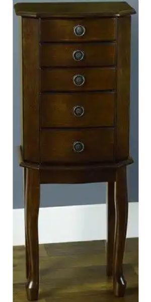 Linon 98278DKCHY-01-KD Paulina Jewelry Armoire; Keep all of your precious jewels safe; Free standing armoire, is ideal for placing in a large closet, bedroom or dressing space; Flip top mirror, the armoire has multiple drawers for ample storage space; Two swing out side doors have hooks for keeping necklaces tangle free; UPC 753793900896 (98278DKCHY01KD 98278DKCHY01-KD 98278DKCHY-01KD)