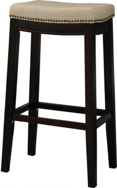Linon 98325WAL-01-KD Allure Counter Stool with Dark Brown Frame & Beige Fabric, Dark walnut finish, Beige linen upholstered top, Nail head trim adds interest to the stool, Plush cushioned seat, 24