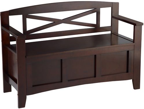 Linon 98362ESP-01-KD Crosby Storage Bench; Create added seating and storage to your foyer or mudroom with this attractive and functional bench; Flip top lid, providing ample hidden storage space beneath the seat; X-Back designed is enhanced by the rich Espresso finish; Will easily complemenet a range of home decor styles; UPC 753793914145 (98362ESP01KD 98362ESP-01KD 98362ESP01-KD)
