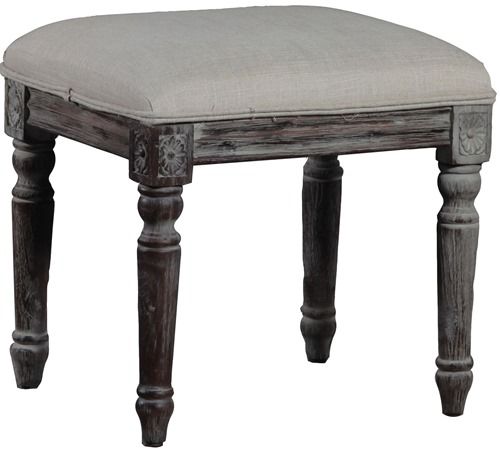 Linon 98397LIN-01-KD Kameron Vanity Bench; Perfect for any transitional style home; Ideal for placing in a bedroom or any living space, the bench has a plush upholstered top for comfort; Natural linen fabric is accented by the distressed brown finish; Decorative legs and apron adds charming, eyecatching detail to the piece; UPC 753793920535 (98397LIN01KD 98397LIN01-KD 98397LIN-01KD)
