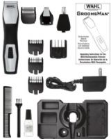 Wahl 9855-300 GroomsMan Pro All-in-one Rechargeable Grooming Kit; Chrome w/Black Silicon Rubber Grip; Includes: Trimmer Detachable Head, Detailer Detachable Head, Dual Foil Shaver Head & New Nose/Ear Detachable Head, 6 Position Adjustable Guide, 3Individual Guides, Beard Comb, Storage Base, Charger, Cleaning Brush, Oil and English/Spanish Instructions; UPC 043917985534 (9855300 9855 300 985-5300) 