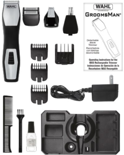 Wahl 9855-300 GroomsMan Pro All-in-one Rechargeable Grooming Kit; Chrome w/Black Silicon Rubber Grip; Includes: Trimmer Detachable Head, Detailer Detachable Head, Dual Foil Shaver Head & New Nose/Ear Detachable Head, 6 Position Adjustable Guide, 3Individual Guides, Beard Comb, Storage Base, Charger, Cleaning Brush, Oil and English/Spanish Instructions; UPC 043917985534 (9855300 9855 300 985-5300)