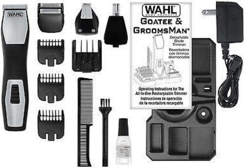 Wahl 9855-408 GroomsMan Pro 14-Piece Rechargeable Grooming Kit; Includes: Trimmer Unit, Trimmer Blade, Detail Blade, Dual Shaver, Ear/Nose, Trimmer Standard Guide Combs (Stubble, Medium, Full), 6-position Guide, Charger, Beard Comb, Cleaning Brush, Blade Oil, Storage/Charge Base and Instructions; Up to 60 minute run time and up to 3 months use per charge (9855408 9855 408) 
