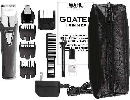 Wahl 9860-1301 Goatee Rechargeable Trimmer; Comes with 2 interchangeable heads (Trimmer Head and Detailer Head); Precision ground blades are finely ground not stamped; Includes: cleaning brush, blade oil, beard & mustache comb, charger, 6 position guide, 3 standard guide combs (stubble, medium and full), storage/travel pouch and english/spanish instructions; UPC 043917986166 (98601301 9860 1301 986-01301 98601-301)