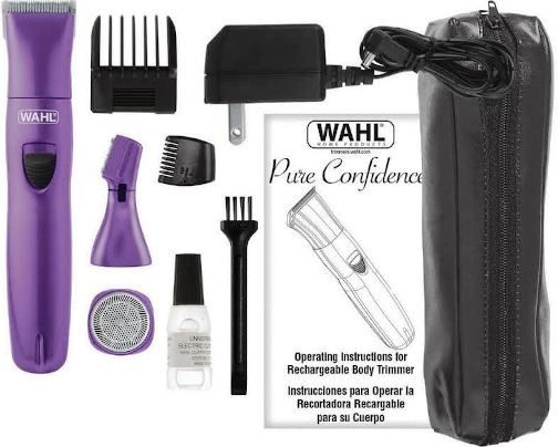 Wahl 9865-100 Pure Confidence Rechargeable Personal Grooming Kit for Ladies; Trimmer Head for bikini area, and a 5 position length guide for bulk reduction, outlining and trimming; Detailing Head for cosmetic needs - brows or facial area and wherever; Shaving Head for bikini area or for legs/underarm touch-ups; UPC 043917986517 (9865100 9865 100 986-5100 98-65100 98651-00)