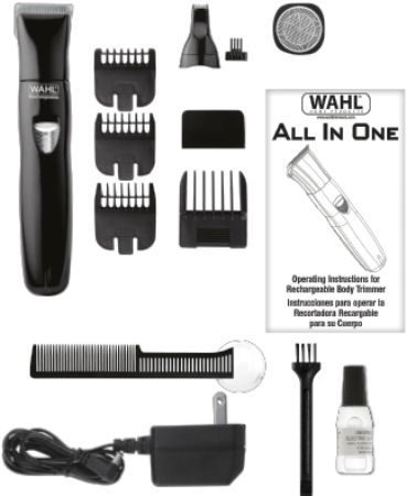 Wahl 9865-1301 All-in-One Rechargeable Grooming Kit; Self-Sharping High-Carbon Steel Blades; 3 interchangeable heads (Shaver, trimmer and detail head); Includes a 5 position guide comb and 3 standard guide combs (Stubble, Medium and Full); Cleaning Brush, Blade Oil, Beard & Mustache Comb, Charger and English/Spanish Instructions; UPC 043917986289 (98651301 9865 1301 986-51301 98651-301)