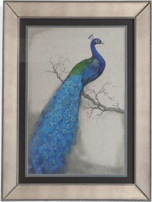 Bassett Mirror 9900-177AEC Model 9900-177A Hollywood Glam Peacock Blue I Artwork, Stately and vibrant, these peacock prints are framed in lovely silver beaded frames, Dimensions 36