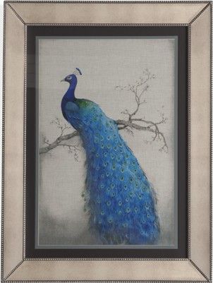 Bassett Mirror 9900-177BEC Model 9900-177B Hollywood Glam Peacock Blue II Artwork, Stately and vibrant, these peacock prints are framed in lovely silver beaded frames, Dimensions 36