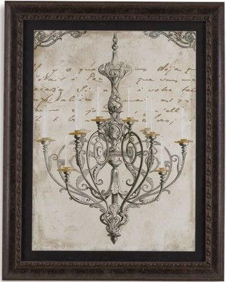 Bassett Mirror 9900-248AEC Model 9900-248A Belgian Luxe Chandiler I Artwork; Done in pen and ink, these prints show elegant chandeliers overlaid on script; Parchment-style background makes these prints delightful and appealing, Dimensions 47