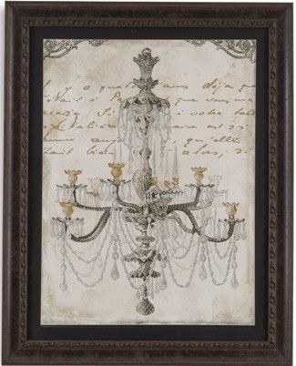 Bassett Mirror 9900-248BEC Model 9900-248B Belgian Luxe Chandiler II Artwork; Done in pen and ink, these prints show elegant chandeliers overlaid on script; Parchment-style background makes these prints delightful and appealing, Dimensions 47