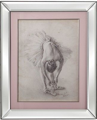 Bassett Mirror 9900-289AEC Model 9900-289A Hollywood Glam Antique Ballerina Study I Artwork, Soft charcoal renderings make these two lithe ballerinas remarkable, Matted in pink with beautiful beveled mirror frames, Dimensions 23