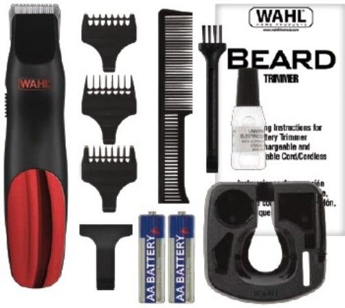 Wahl 9906-4101 Bump-Prevent 10-Piece Battery Trimmer Kit; Includes: Beard Trimmer, Blade Guard, 3 Guide Combs (Stubble Guide, 3mm Length Guide, 4.5mm Length Guide), Beard Comb, Blade Oil, Cleaning Brush, Storage Base, Instructions and 2 AA batteries; Easy to hold contour ed ergonomic design with integrated soft touch elements ensures maximum comfort; UPC 043917990736 (99064101 9906 4101) 