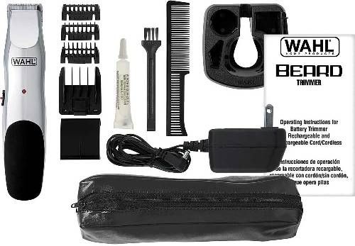 Wahl 9916-817 Groomsman Rechargeable Beard & Mustache Trimmer; Ergonomic contour design and soft touch elements for easy grip, Acculock 6-position beard length guide and guide comb attachments for blending; Includes trimmer, beard regulator, jawline blender, 2 close-trim attachments, charger, storage base, travel pouch, oil, cleaning brush, mustache comb, blade guard and english/spanish instructions; UPC 043917991689 (9916817 9916 817 991-6817)