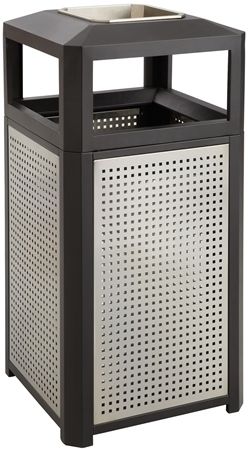 Safco 9933BL Evos Steel Ash & Trash Receptacle, Black; 15 gallons Volume Capacity; Made of durable steel frames with perforated steel panels; Durable for the outdoors and subtle enough for any large capacity indoor needs; Dimensions 16