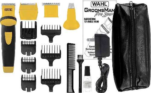 Wahl 9953-1301 GroomsMan Pro Sport Rechargeable Trimmer; Heady-duty performance with a high-impact body; Interchangeable heads (Detail head, detail shaver, trimmer head, multi-positional trimmer and T-blade head); Trimmer Guide Combs (Stubble Guide, Medium Guide, Full Guide, 3/16