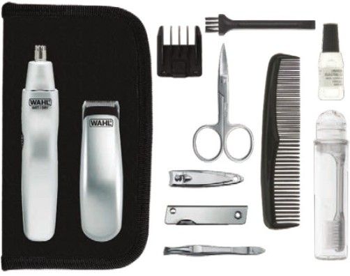 Wahl 9962-1608 Travel Gear Grooming Kit with Storage Case; Includes: Compact Trimmer, Nose/Ear Trimmer, 6-Position Guide, Black Zipper Case, Pocket Comb, Nail Clippers, Pocket Knife/File, Scissors, Tweezers, Toothbrush, Cleaning Brush, Blade Oil and Instructions; Pro-quality steel cutter blades; EAN 4015110006756 (99621608 9962 1608 996-21608 99621-608) 