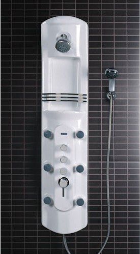 Ariel Platinum A104 Shower Panel, Lucite Acrylic Finish, Overhead rainfall showerhead, Handheld showerhead, Thermostatic faucet, Body massage jets, Shampoo shelf, UPC Approved, Dimensions 53 x 12 (A-104 A 104 A1-04)