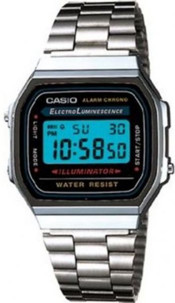 Casio A168W-1 Men's Electro Luminescence Bracelet Watch, Mineral Dial window material type, Stainless-steel Case material and Band material, Mens-standard Band length, Stainless-steel Bezel material, Stationary Bezel Function, Day-and-Date Calendar, Quartz Movement, UPC Code 079767896089 (A168W-1 A168W 1 A168W1 A168W)