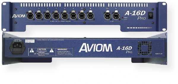 Aviom A-16D PRO A-Net Distributor, One EtherCon RJ45 connector A-Net input, 8 EtherCon RJ45 connectors powered A-Net outputs, A-Net Thru for system expansion (unpowered A-Net output), Isolated DC power supplies for eight A-Net Personal Mixers via the Cat-5e cable, EtherCon connections throughout (A16DPRO A-16DPRO A-16D-PRO A16D-PRO)
