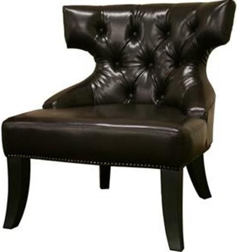 Wholesale Interiors A-172-077 Taft Leather Club Chair, Glossy dark brown leather accent chair, Button tufted design, Antiqued brass nail head trim, Wood frame and legs, Polyurethane foam cushioning, 17.75