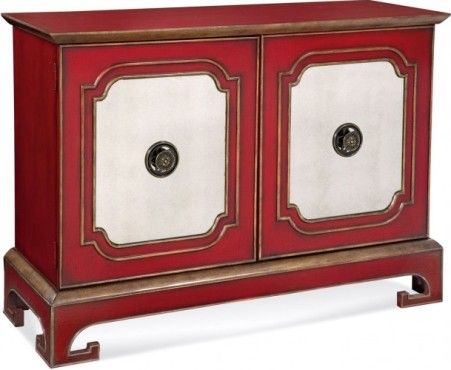 Bassett Mirror A2257EC Model A2257 Hollywood Glam Oneida Steward's Cabinet, Chinese Red Finish, Contrasts uniquely with the silver-toned accents, Sunburst-inspired details add global flair to this storage unit, Wipe down with soft dry cloth, Dimensions 54